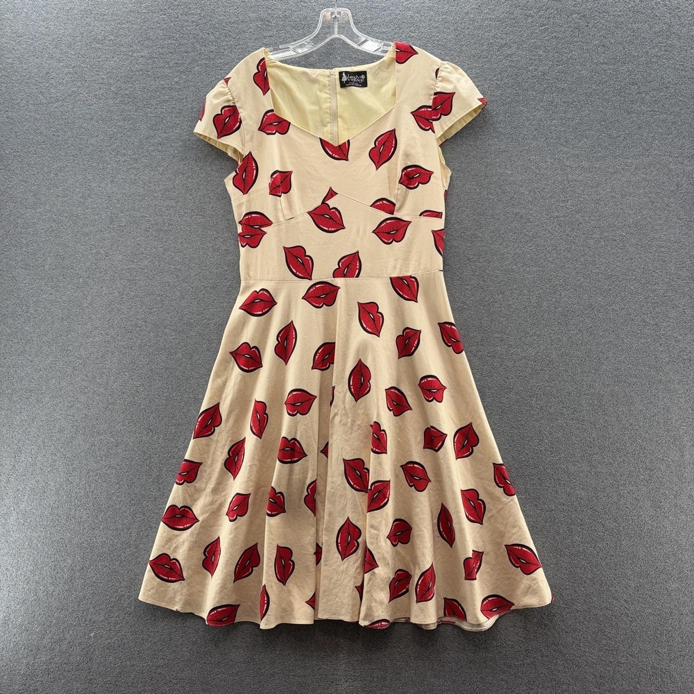 Lady Vintage Dress 12 Cream Red Lip Print Retro Rockabilly Pinup Fit Flare Midi